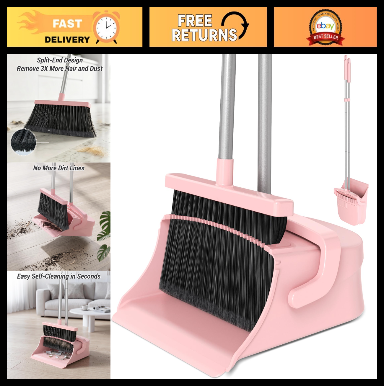 Pet Hair Broom & Dustpan Set - Long Handle Self-Cleaning for Home, Kitchen, Offi0