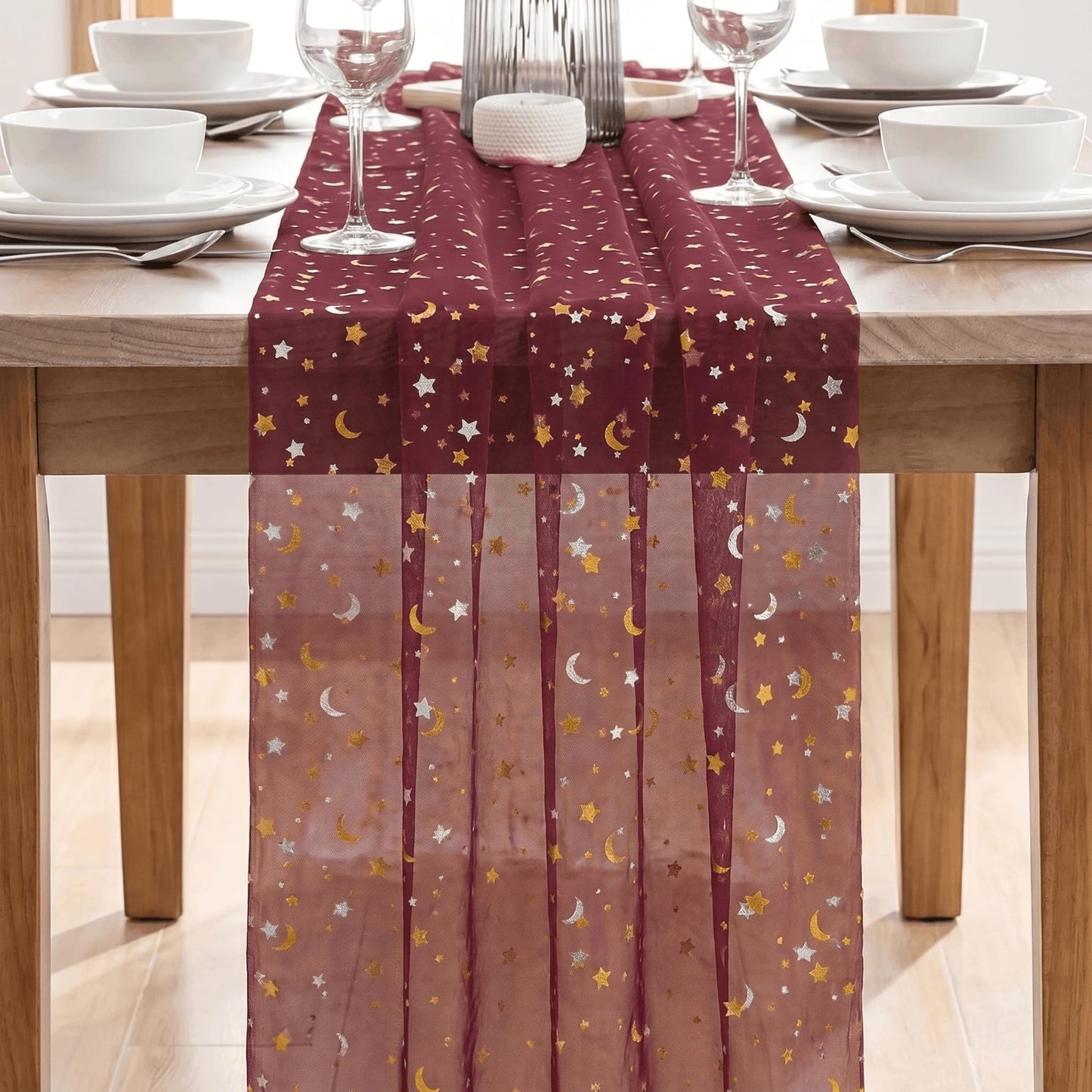 Burgundy Star Moon Table Runner 10FT - Glitter Foil Sheer Dining Decor for Parti2