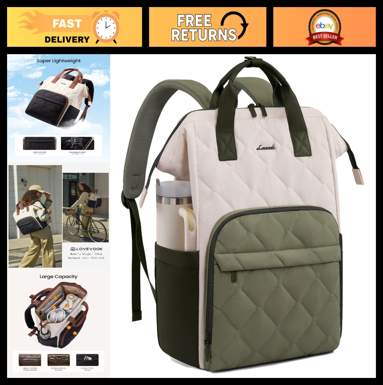 Stylish 15.6" Laptop Backpack for Women   Work Bag, Green & White, Durable Desig0