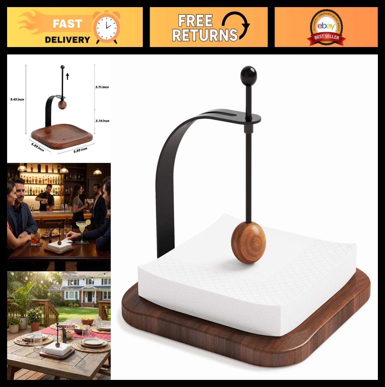 Wood Napkin Holder for Table - Stylish Cocktail & Paper Napkin Organizer for Hom0