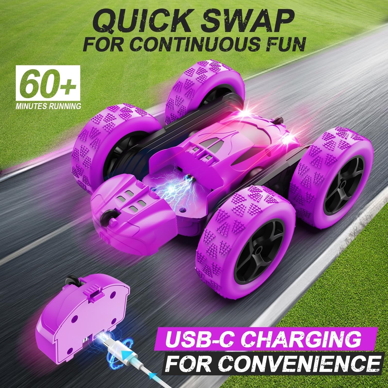 Purple Remote Control Car for Girls   2.4GHz Double Sided Stunt Crawler, 360° Ro1