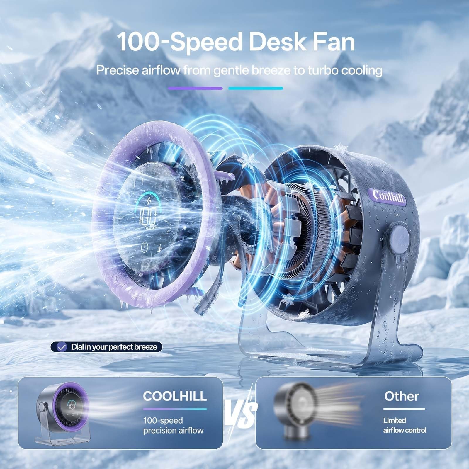 Quiet Portable USB Desk Fan   100 Speeds, Turbo Airflow, 120° Rotation, Recharge5