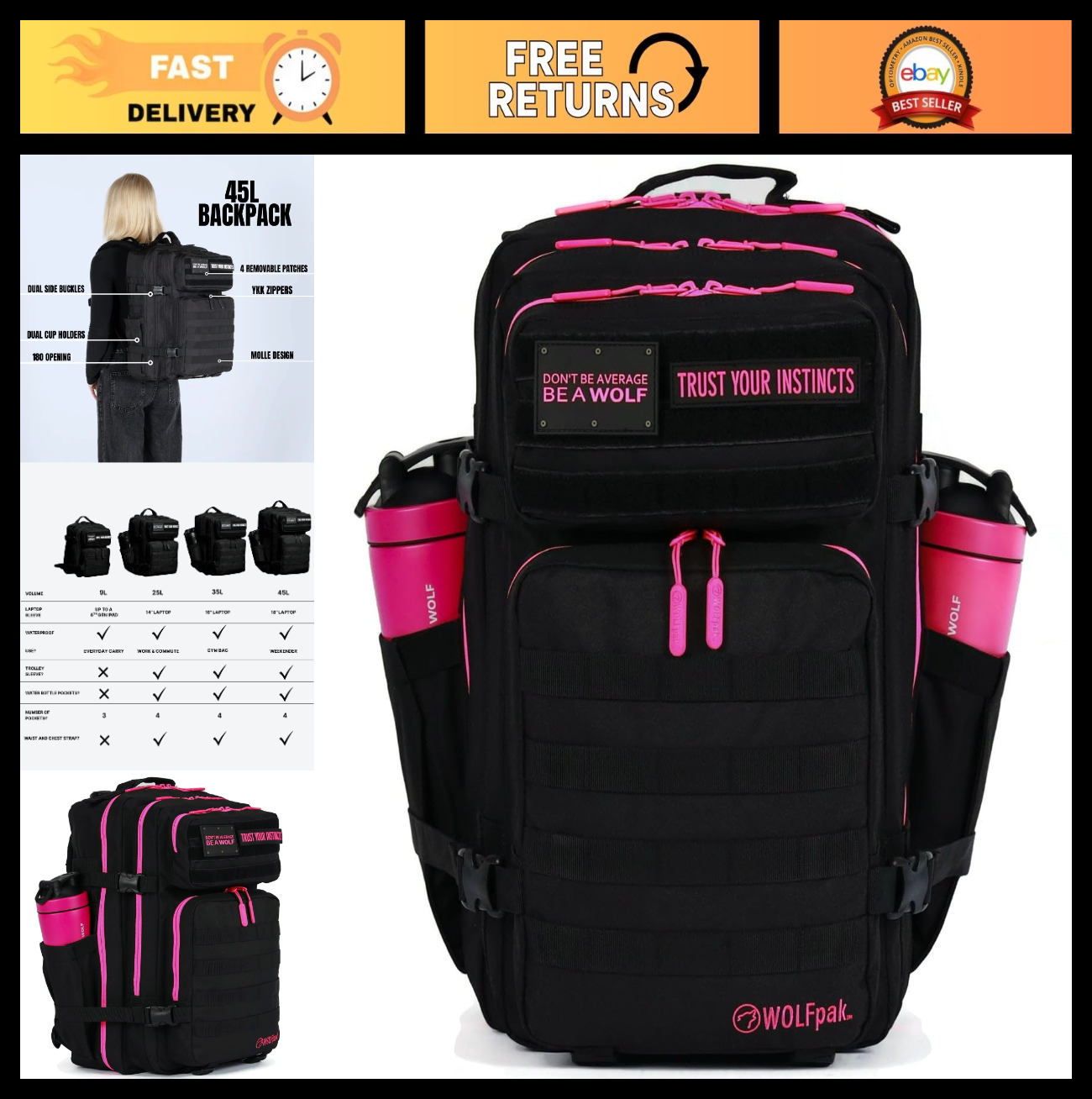 Durable 45L Waterproof Gym Backpack   MOLLE Webbing, Laptop Pocket, 1000D Oxford13