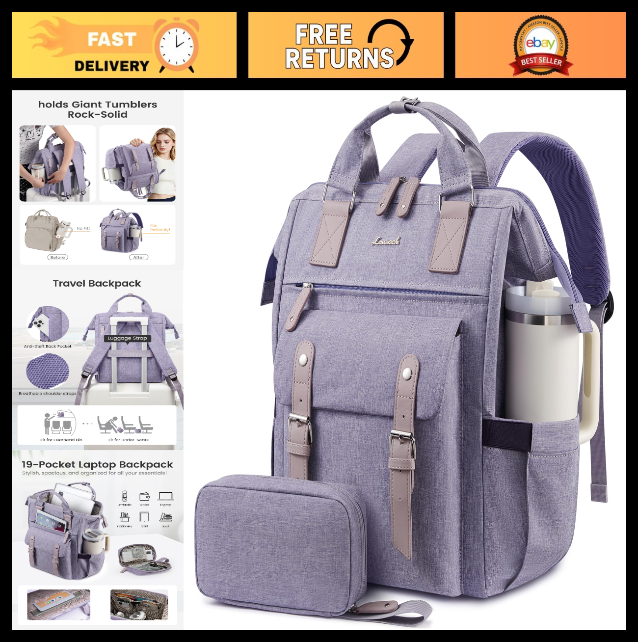 Stylish 15.6" Laptop Backpack for Women, Waterproof Travel Bag with Tumbler Hold0