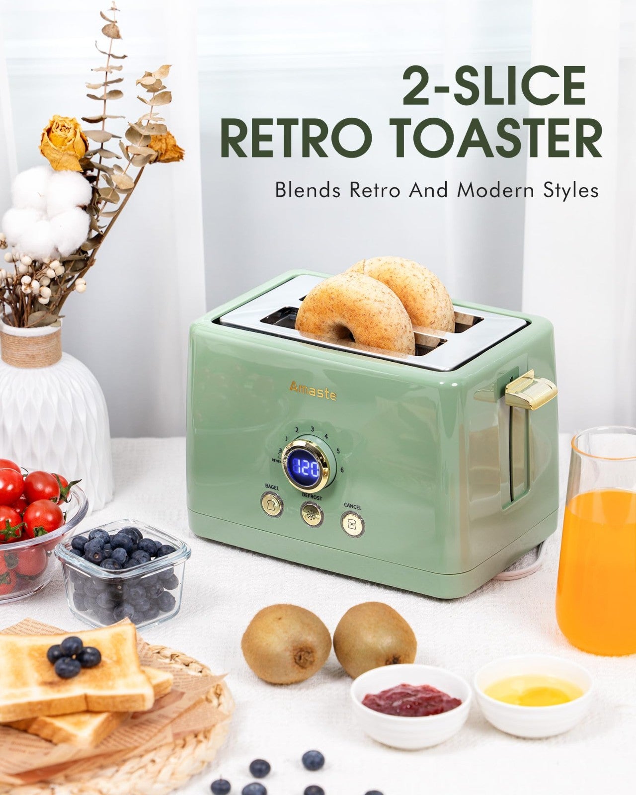 Retro 2 Slice Toaster with LED Display, Extra Wide Slots, 6 Shade Settings, Bage3