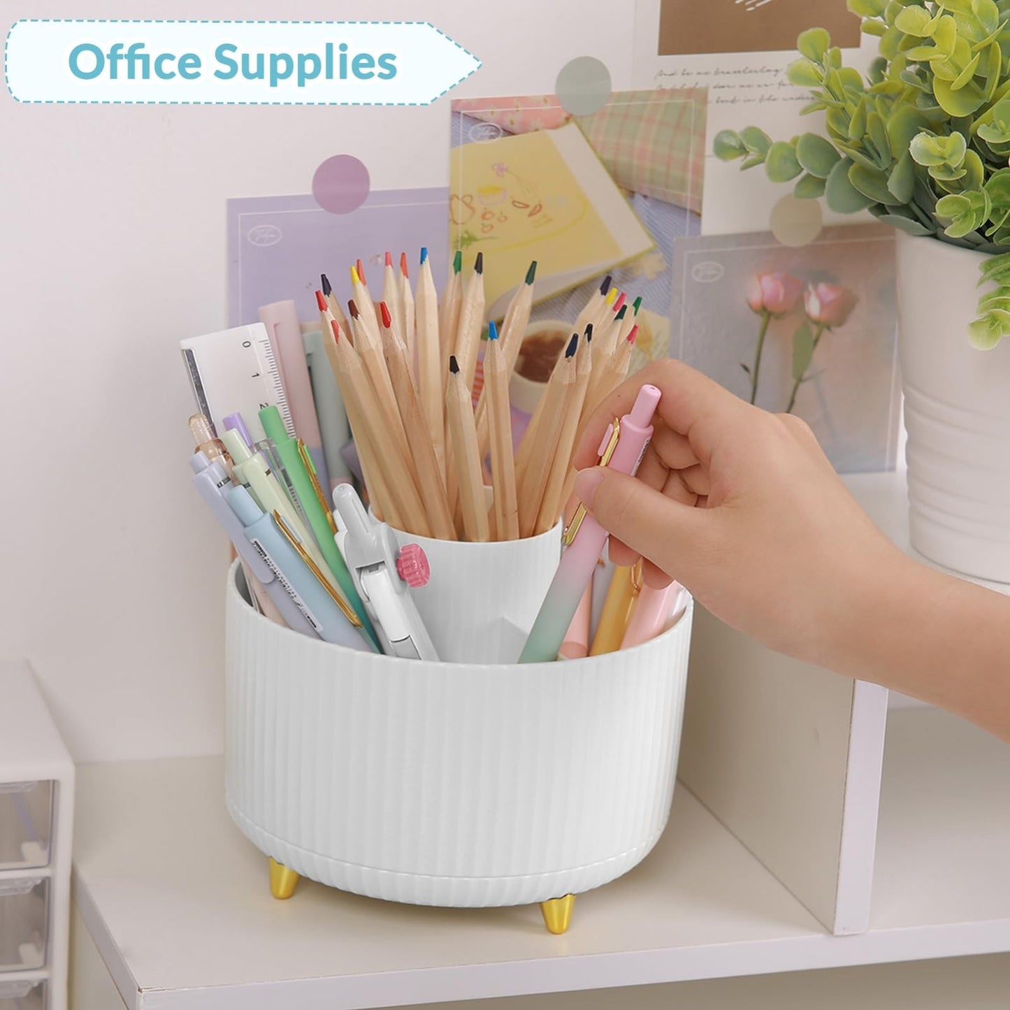 360° Rotating Pen & Pencil Holder   Dual Purpose Desk Organizer with 5 Slots, Wh2