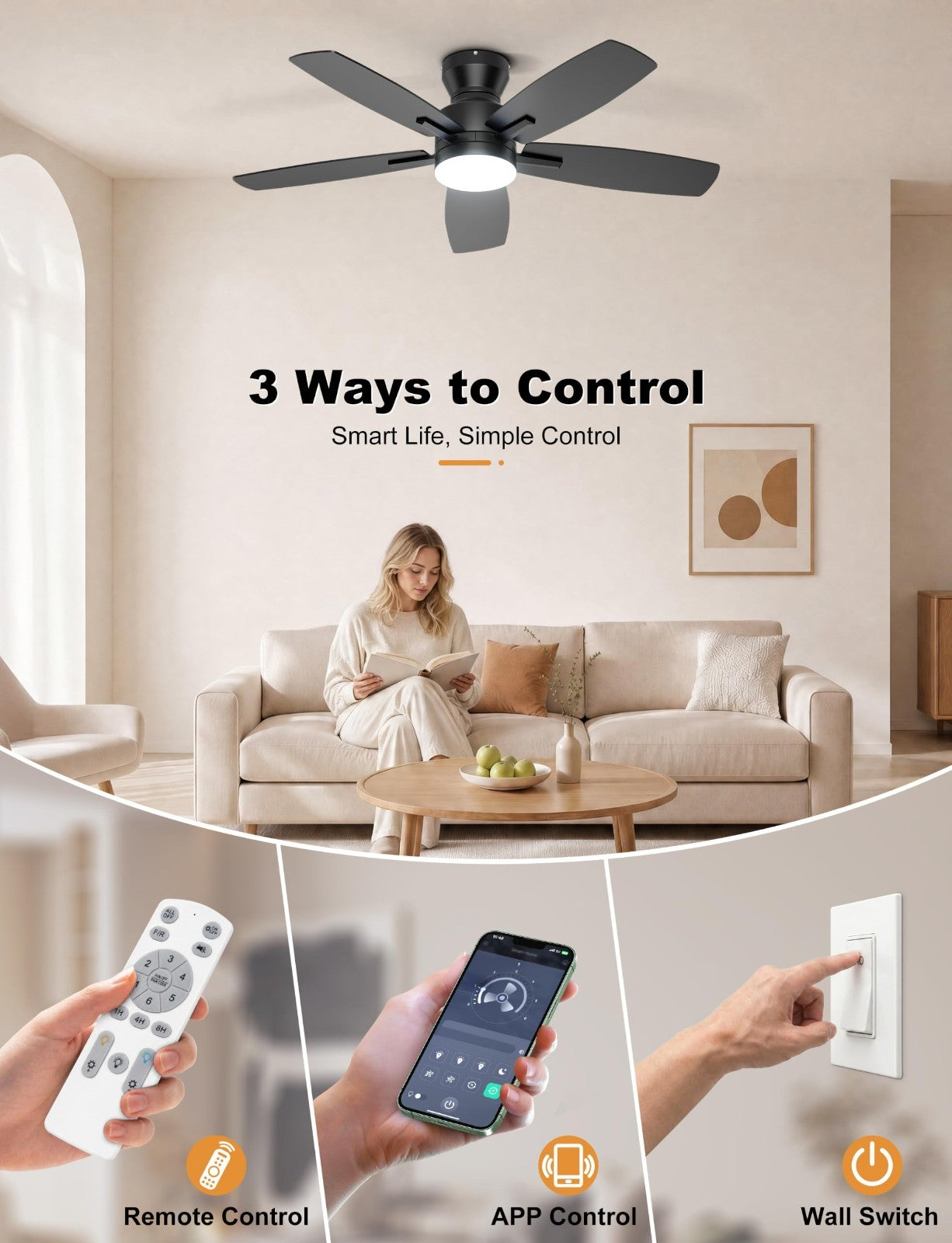 42" Low Profile Ceiling Fan with Lights, Remote/APP Control, Dimmable LED, Quiet7