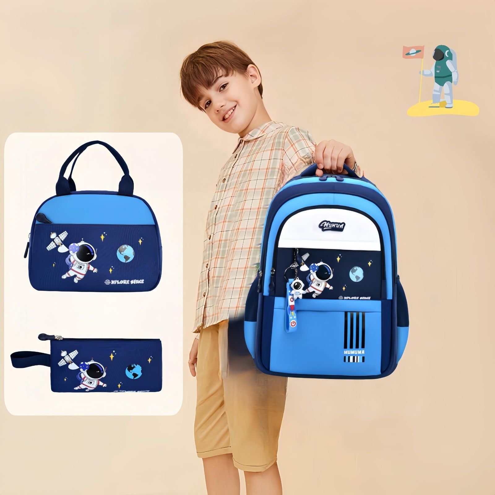 3pcs Boys Lightweight Astronaut Backpack Set with Lunch Box   School Bookbags fo2