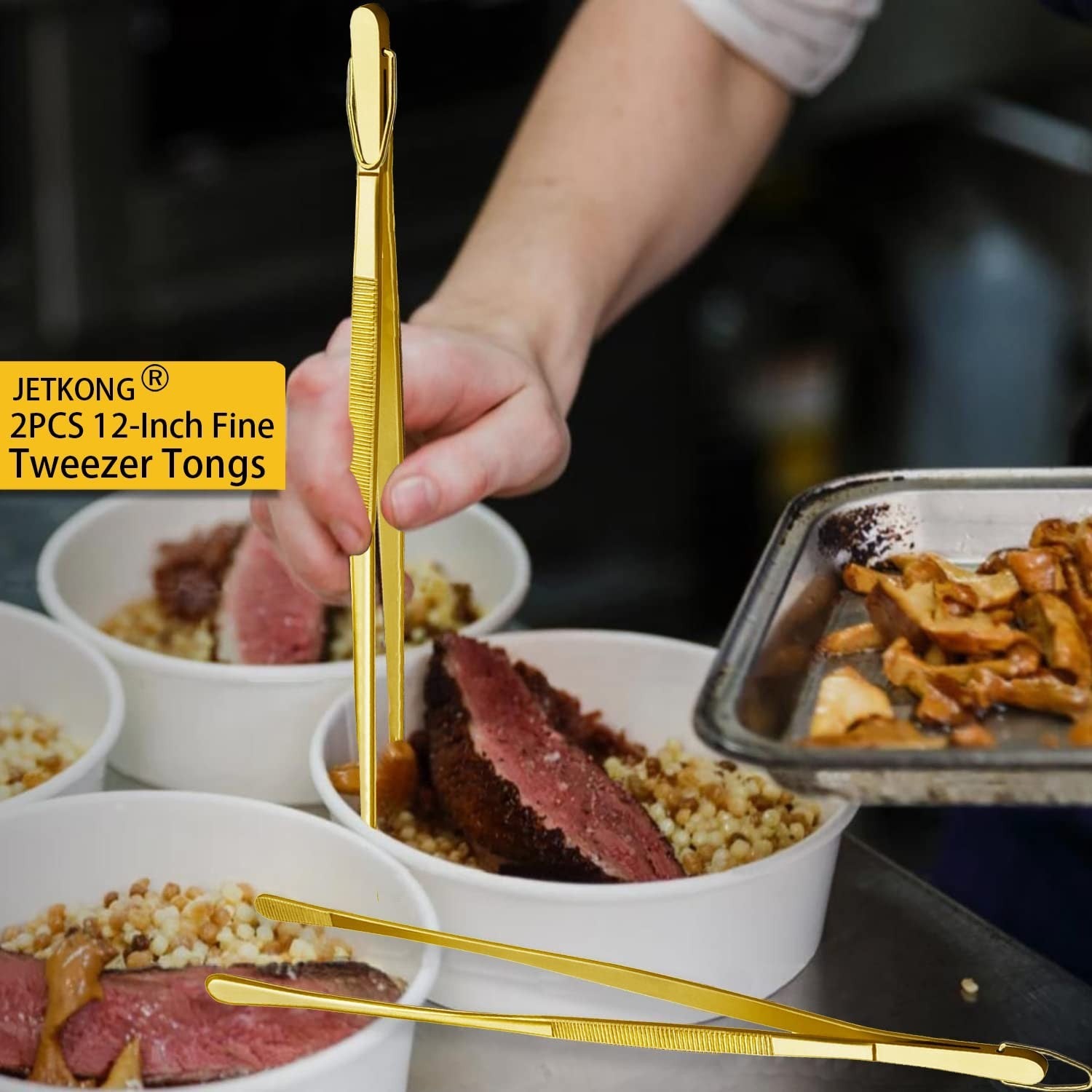 12 Inch Stainless Steel Cooking Tweezers   Set of 2 Kitchen Food Tongs (Gold)2
