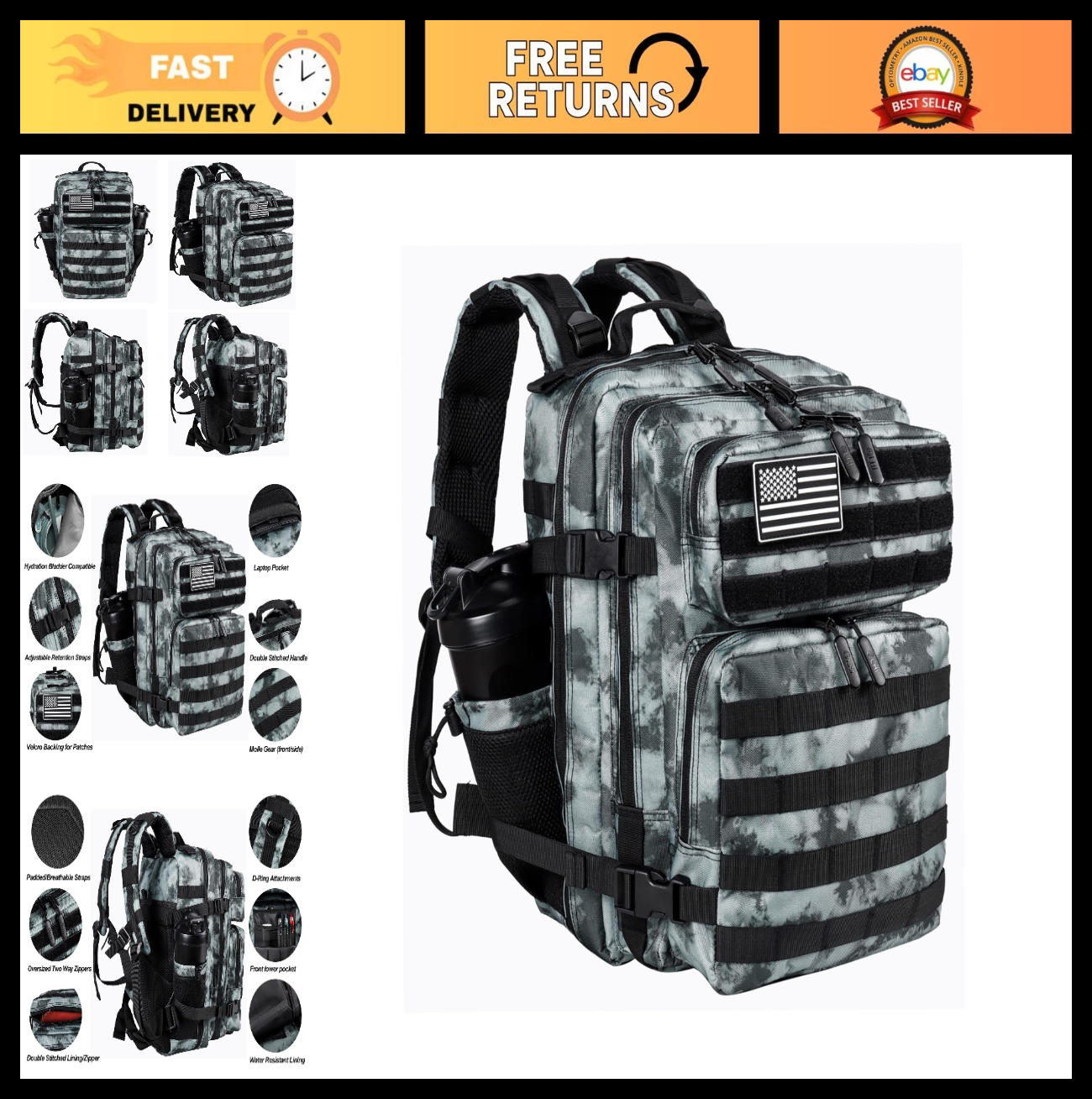 Tactical Military Backpack 25L/35L Army Assault Pack Rucksack with Bottle Holder0