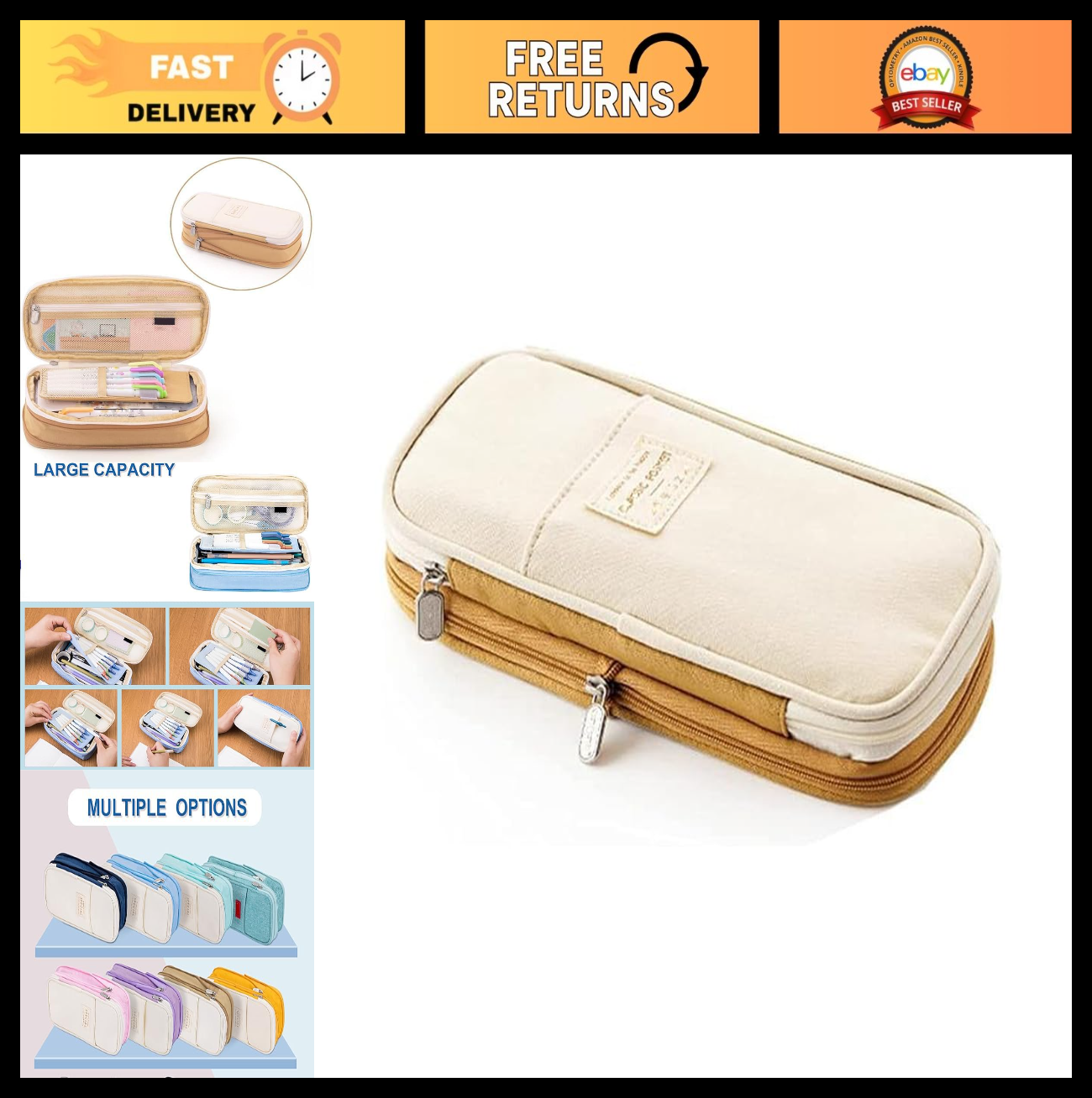 Large Storage Pencil Case Bag   Zippered Organizer Pouch for Office & Travel, Bi0