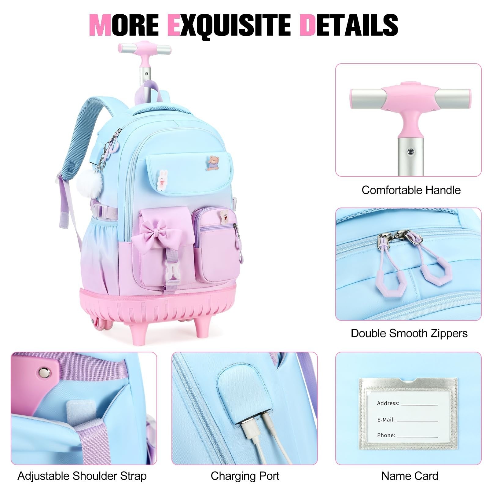 Rolling Backpack for Girls   Wheeled School Bag with Lunch Bag & Pencil Pouch, T5