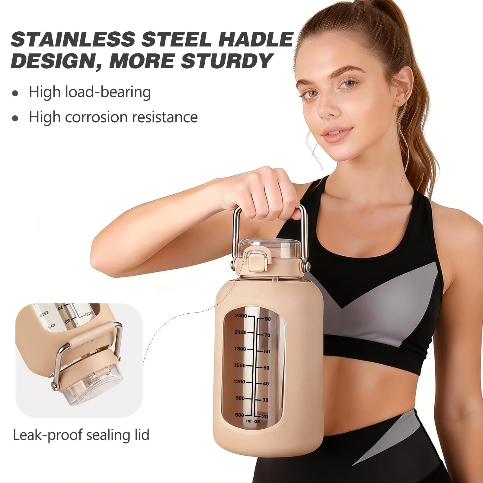 100oz BPA-Free Glass Water Bottle with Time Marker & Silicone Sleeve - 3L Gallon5
