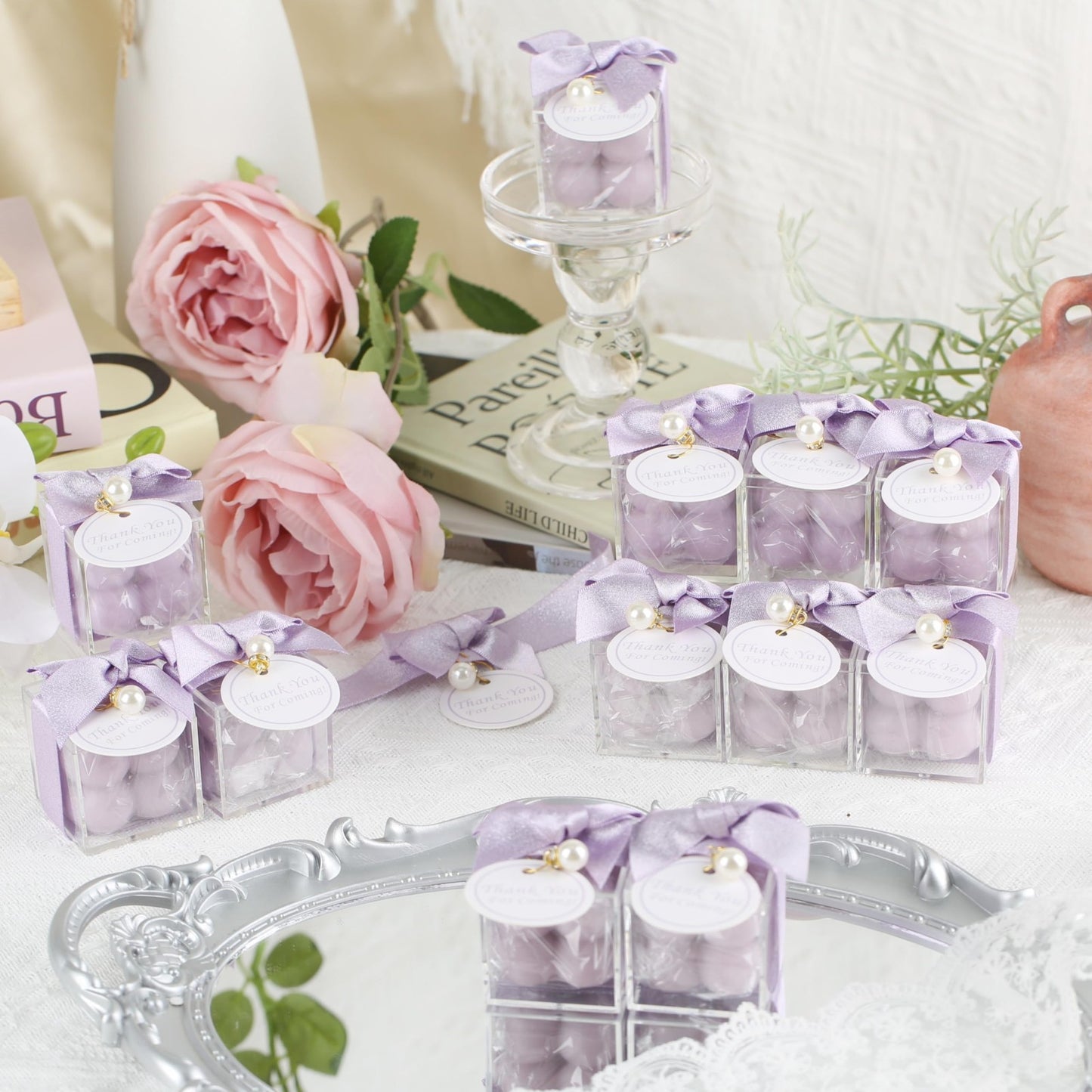 30 Sets Small Bubble Candles Party Favors with Ribbons & Thank You Cards - Purpl5