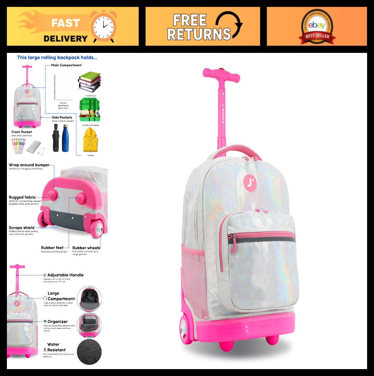 Kids Rolling Backpack with Wheels, School Roller Bookbag for Girls & Boys, 18"x10