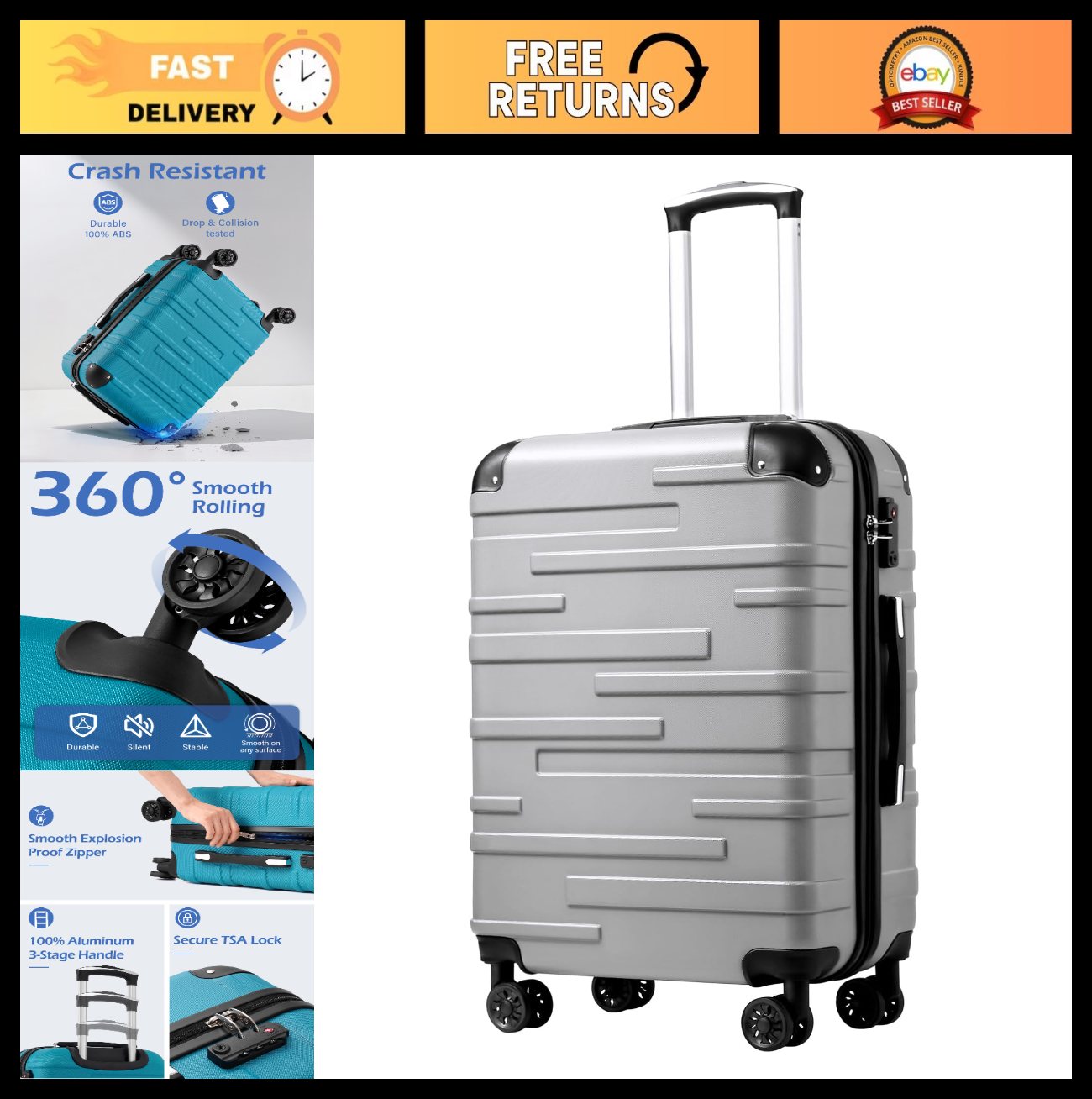 28" Hardside ABS Luggage - TSA Lock, 360° Spinner Wheels, Expandable, Scratch-Re0