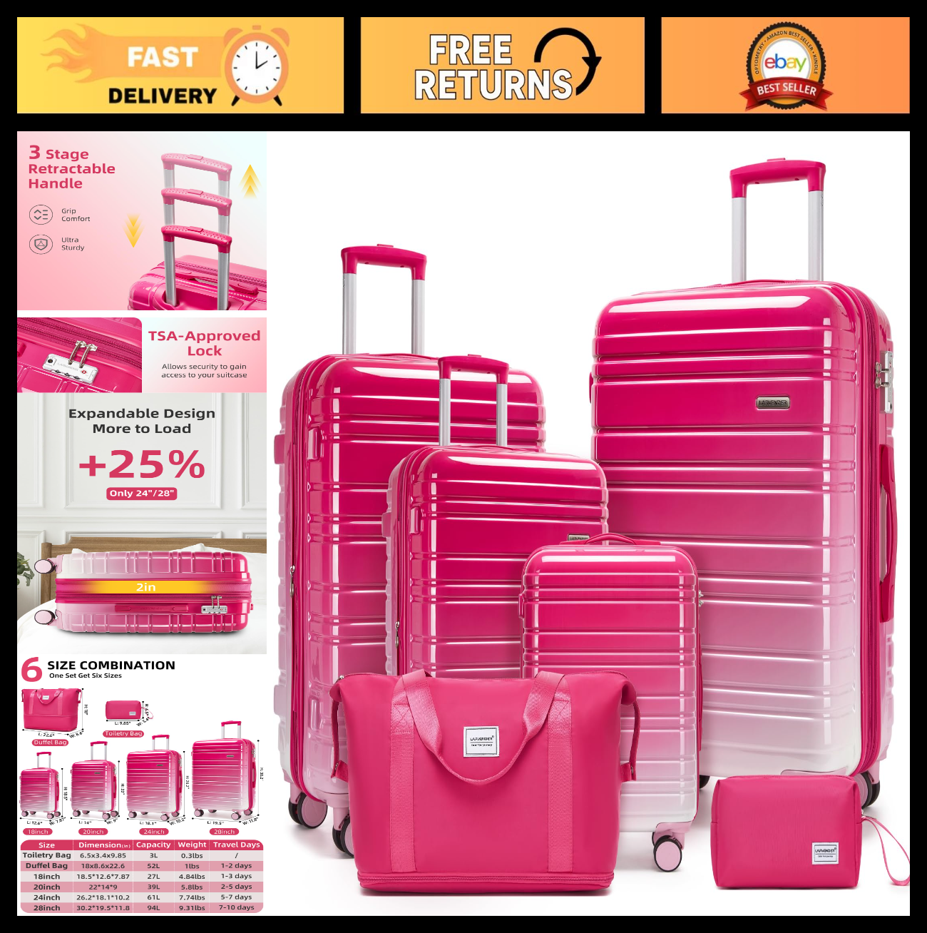 6-Piece Expandable Luggage Set - Lightweight Hardshell Suitcases with TSA Lock,0