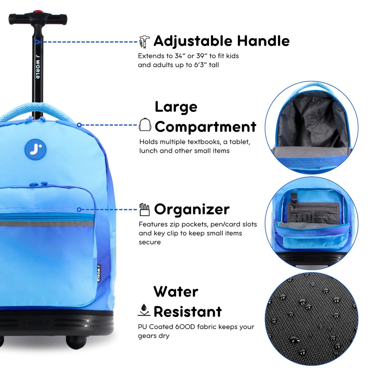 Kids Rolling Backpack with Wheels, 18" Blue Gradient Roller Bookbag for School4