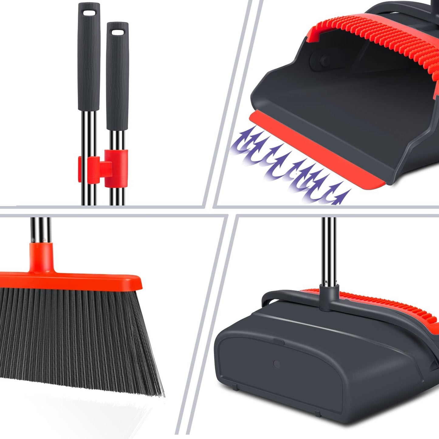 Large Broom and Dustpan Set, Long Handle Combo for Indoor/Outdoor Use, Black & R3