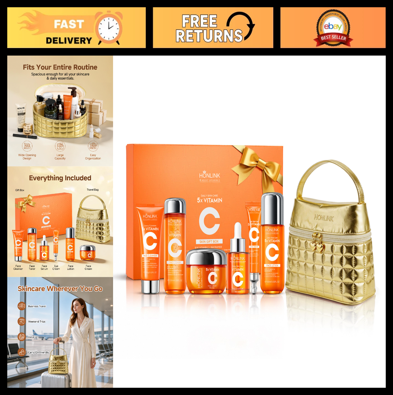 Vitamin C Skincare Gift Set Bundle with Gold Cosmetic Bag   Perfect for Her0