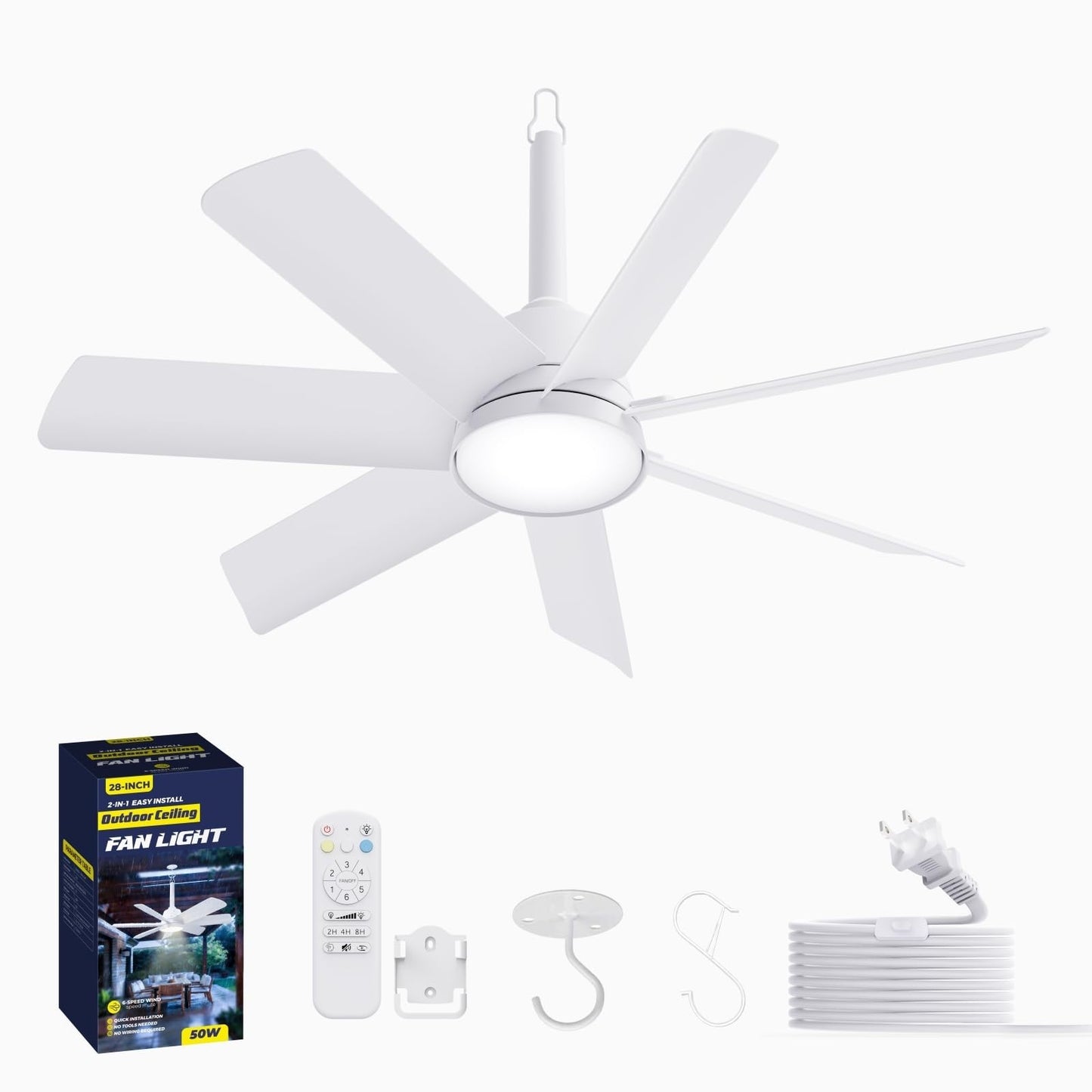 28" Outdoor Ceiling Fan with Light & Remote   Waterproof, Dimmable, 6 Speed, Por7