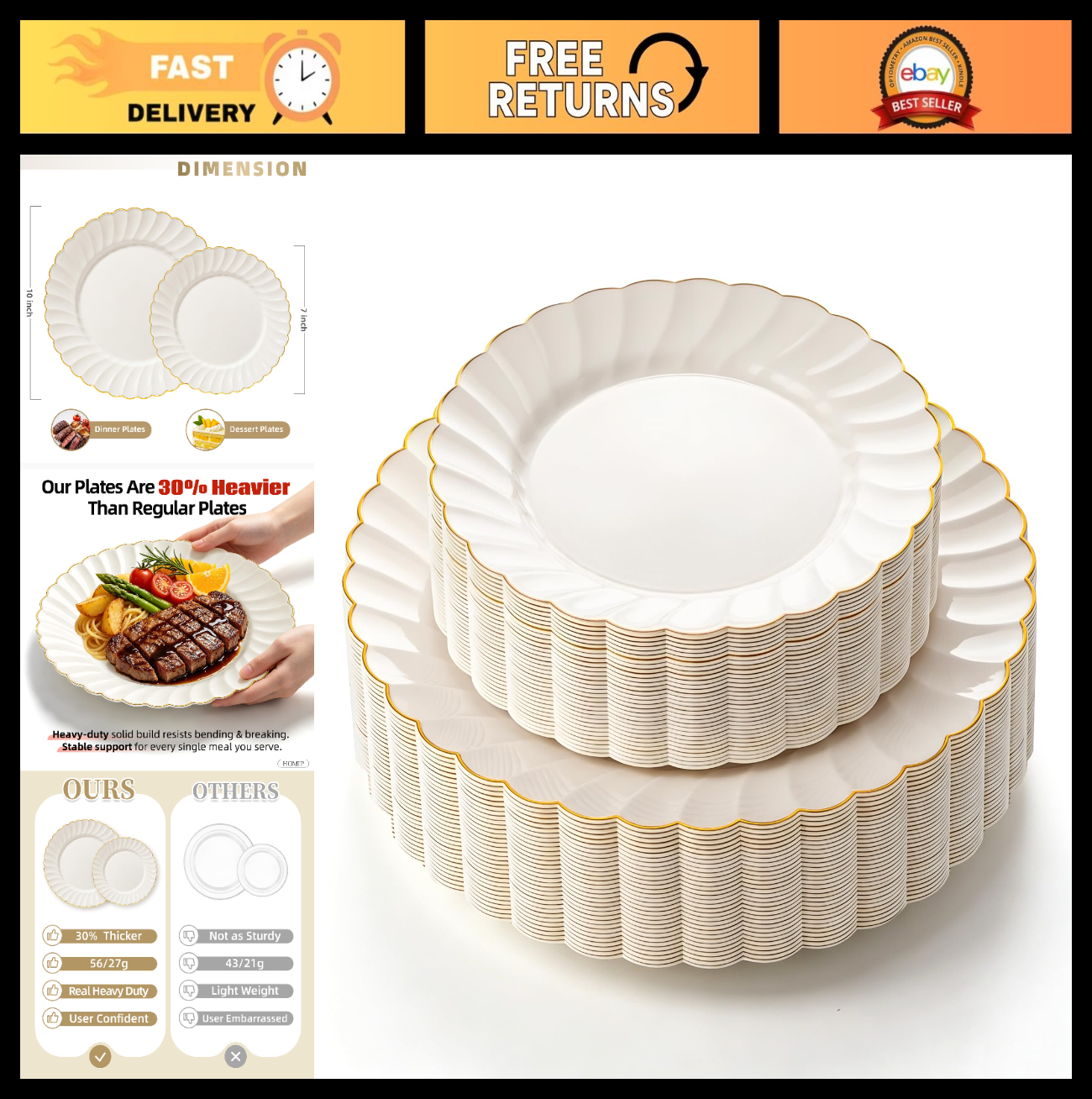 50PCS Heavy Duty Ivory Scalloped Plastic Plates with Gold Rim - 25 Dinner & 25 D0