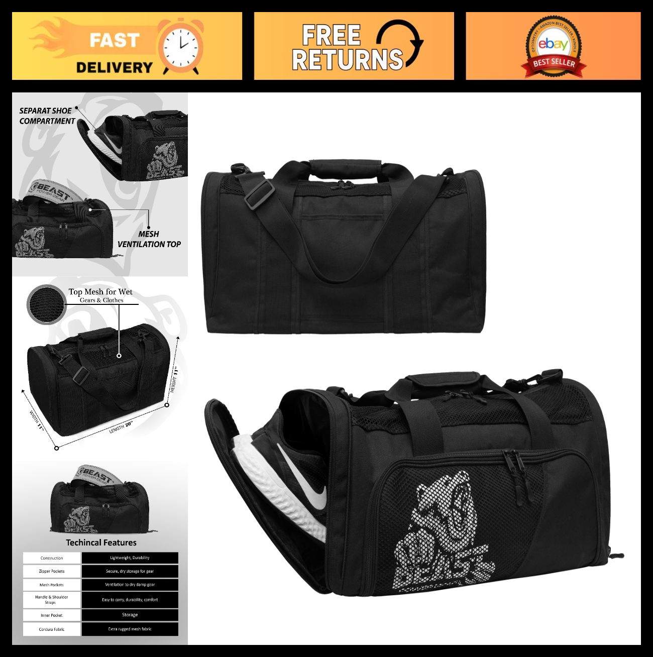 Versatile Gym Duffle Bag - Workout, Boxing, MMA Sports Bag with Shoe Compartment0