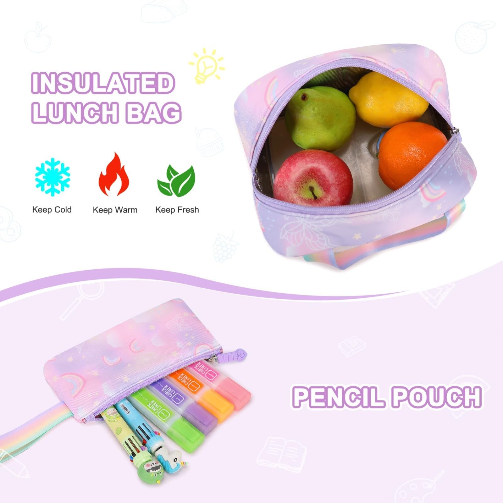 3PCS Girls Rainbow Butterfly Rolling Backpack Set with Lunch Box   Purple6