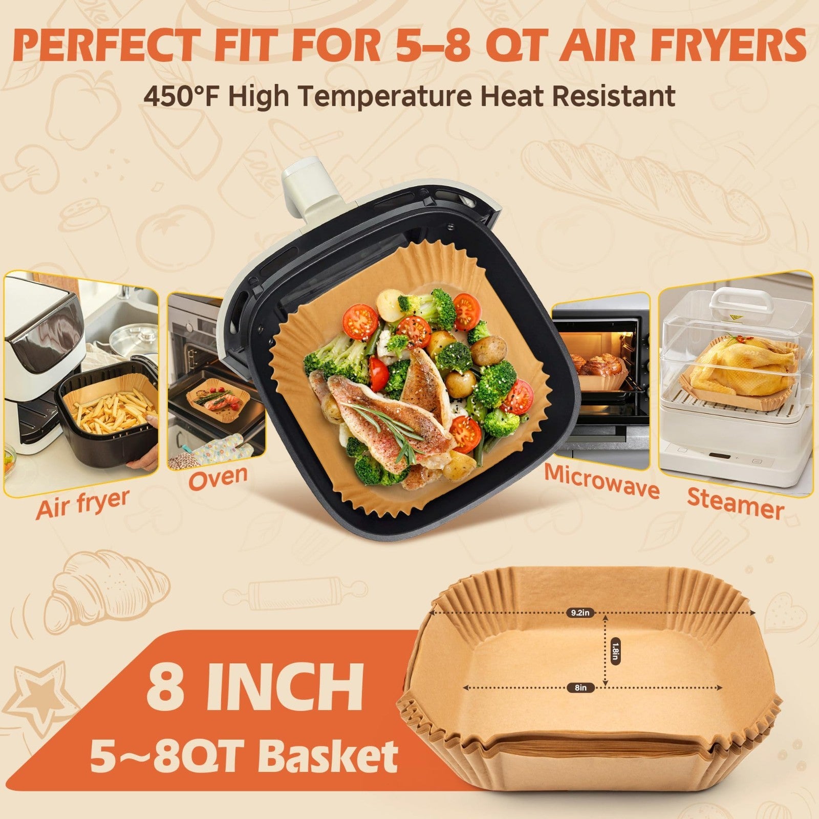 365 Pcs Disposable Air Fryer Liners, 8" Non-Stick Parchment Paper for 5-8 QT Ove3