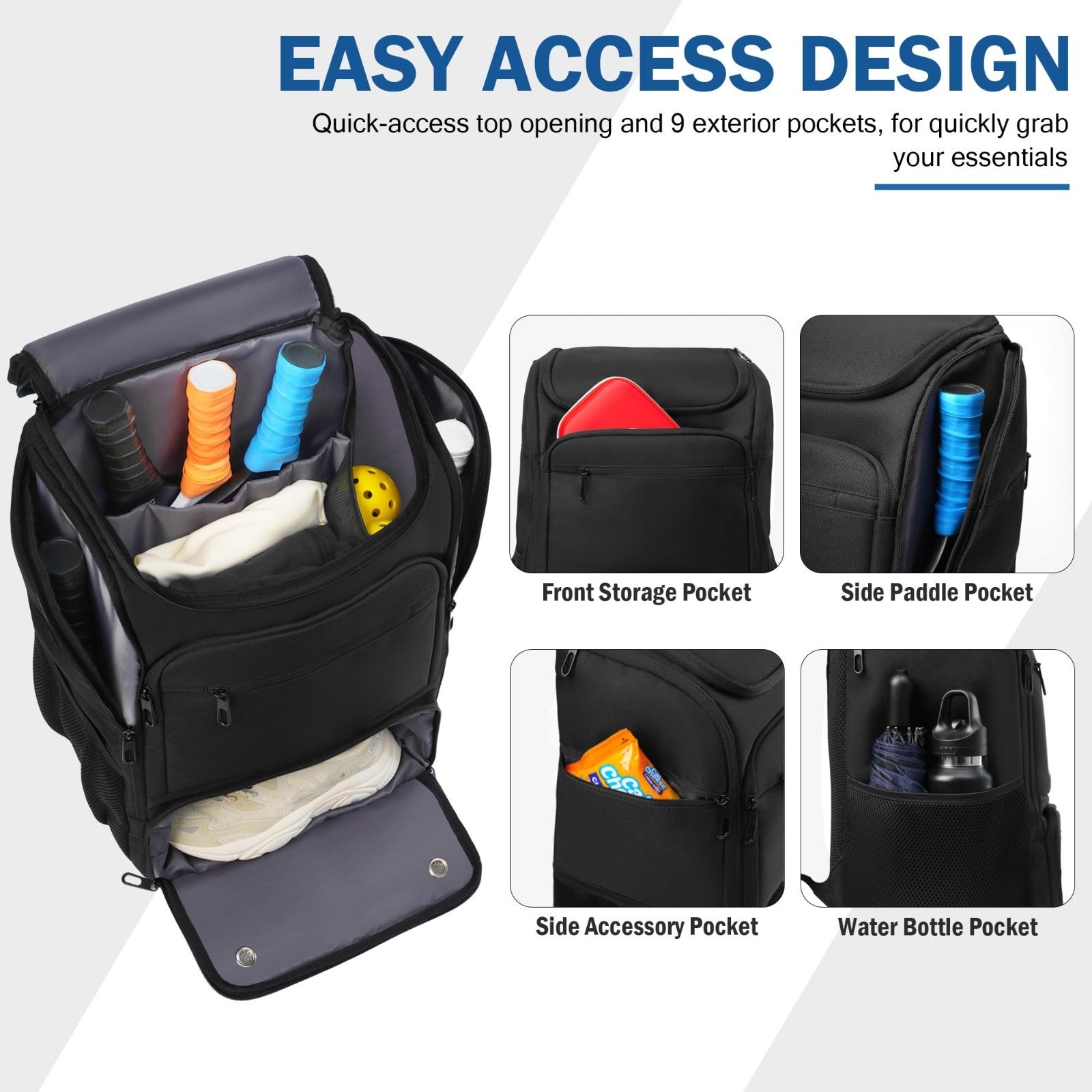 Large Pickleball Backpack for 4+ Paddles, Shoe Compartment & Fence Hook - Perfec3