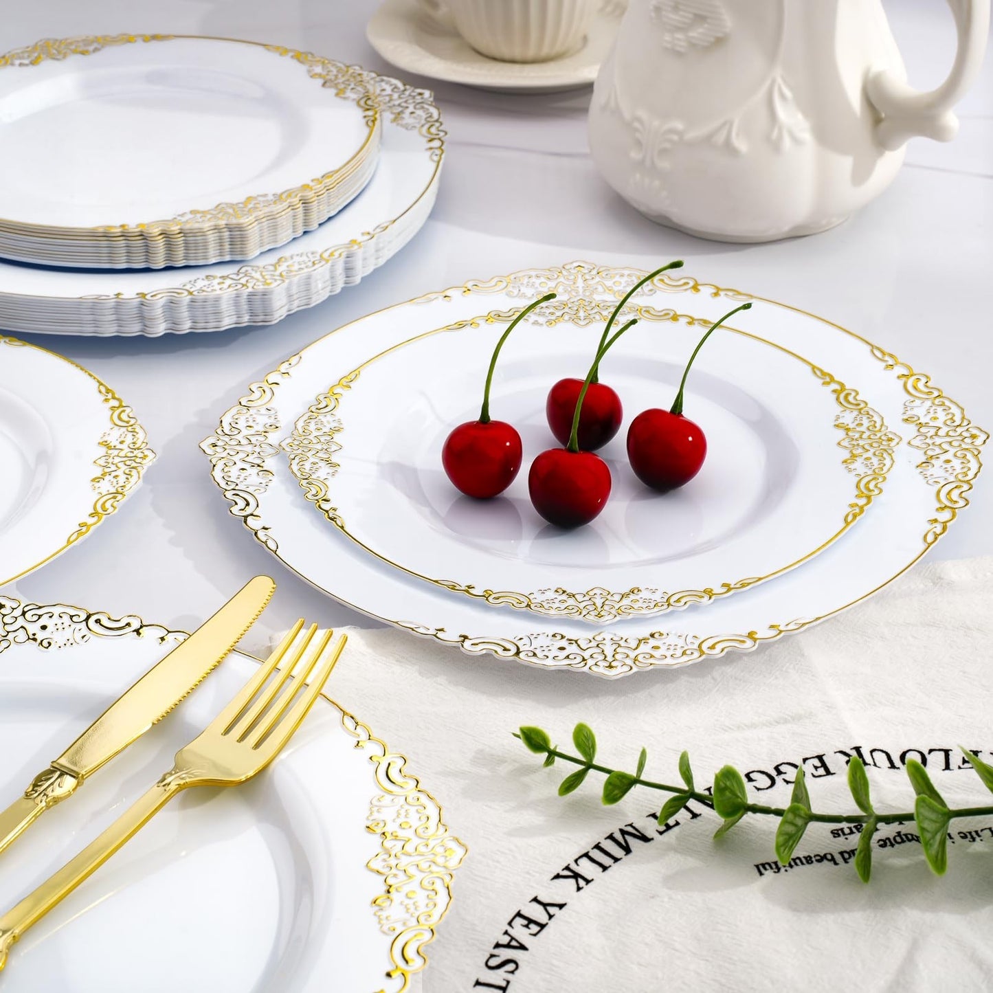 350-Piece White & Gold Disposable Dinnerware Set for 50 Guests | Plates, Silverw4