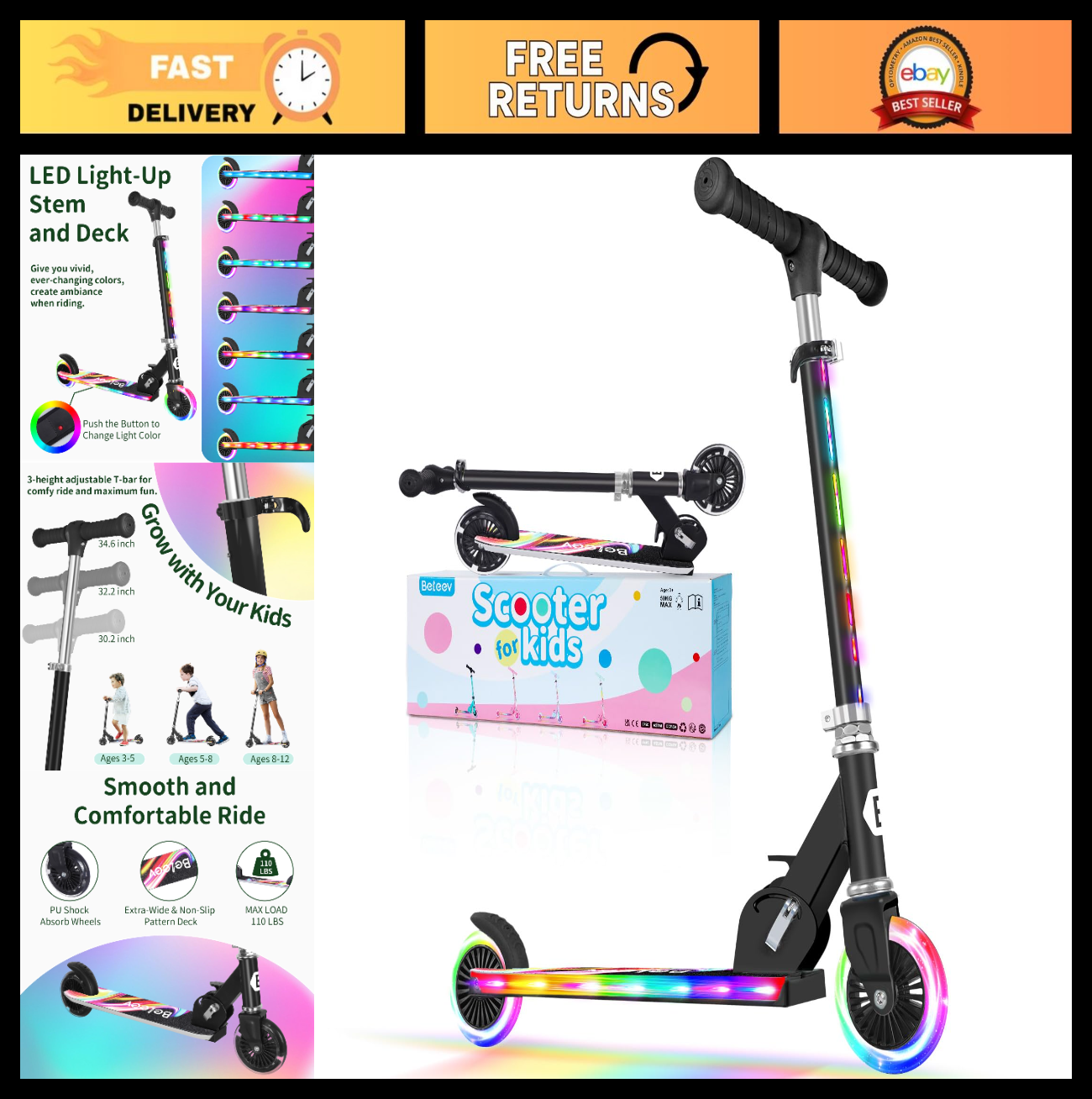 Light-Up Wheels Kids Scooter, 2-Wheel Folding Kick Scooter, Adjustable Height, N0