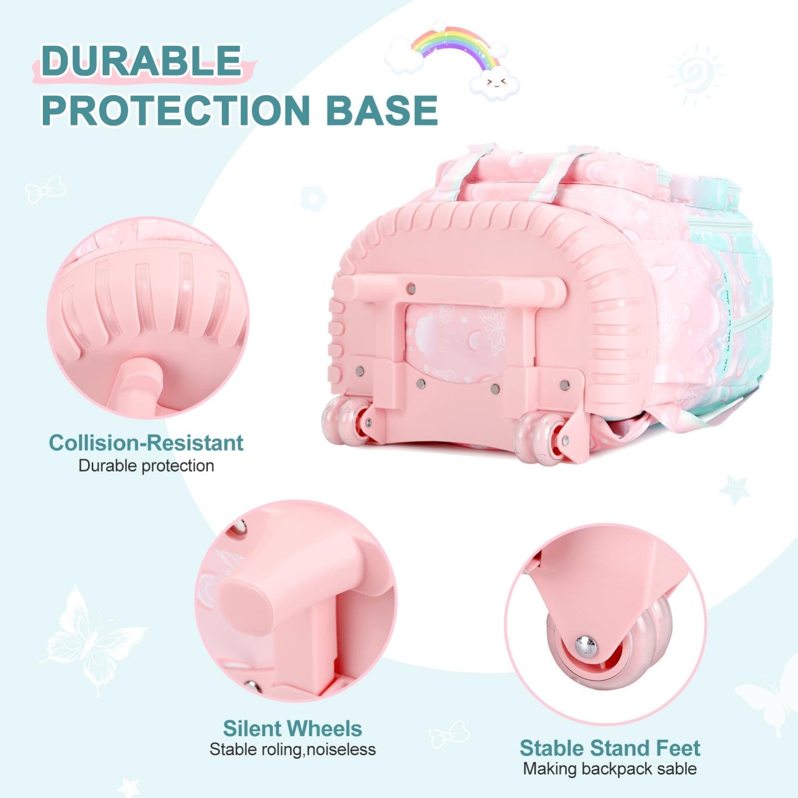 Rainbow Butterfly Rolling Backpack Set for Girls with Lunch Box   3PCS (Green Pi4