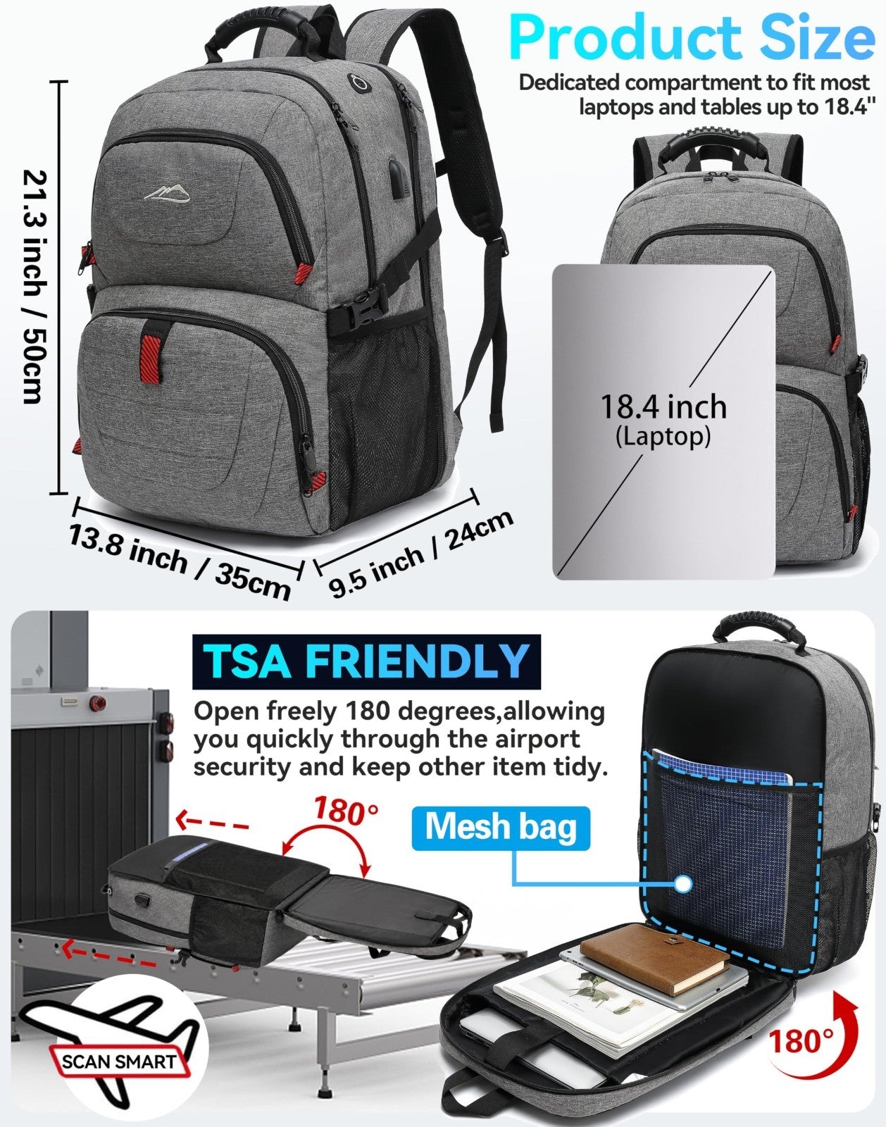 Extra Large Anti Theft Travel Backpack for 18.4" Laptop, USB Charging Port, Coll2
