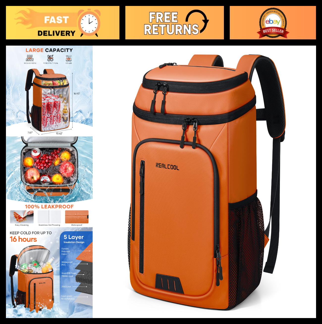 Insulated Cooler Backpack - 33 Can Leakproof Soft Bag for Camping, Hiking, Beach0