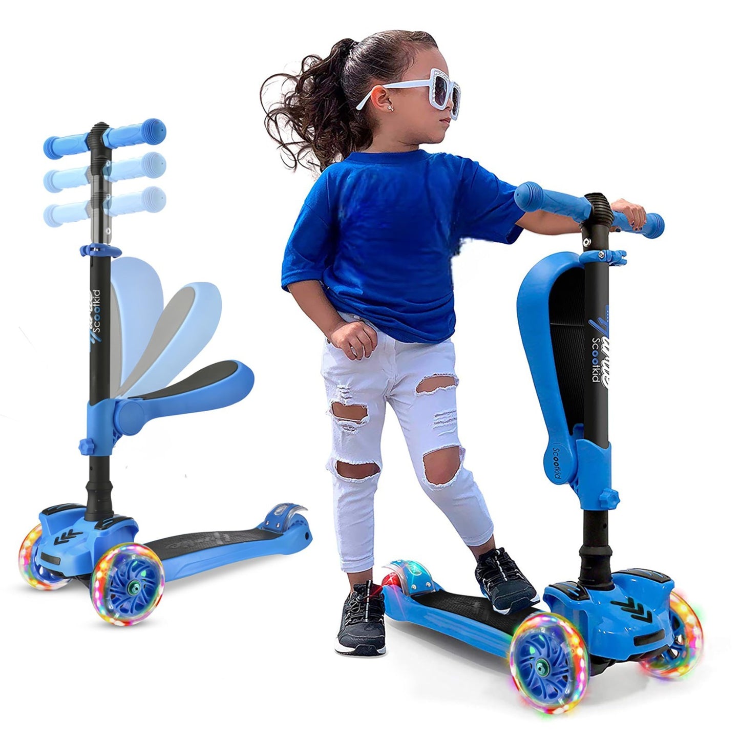 3-Wheeled Kids Scooter with LED Lights, Adjustable Handlebar, Foldable Seat, Bra1