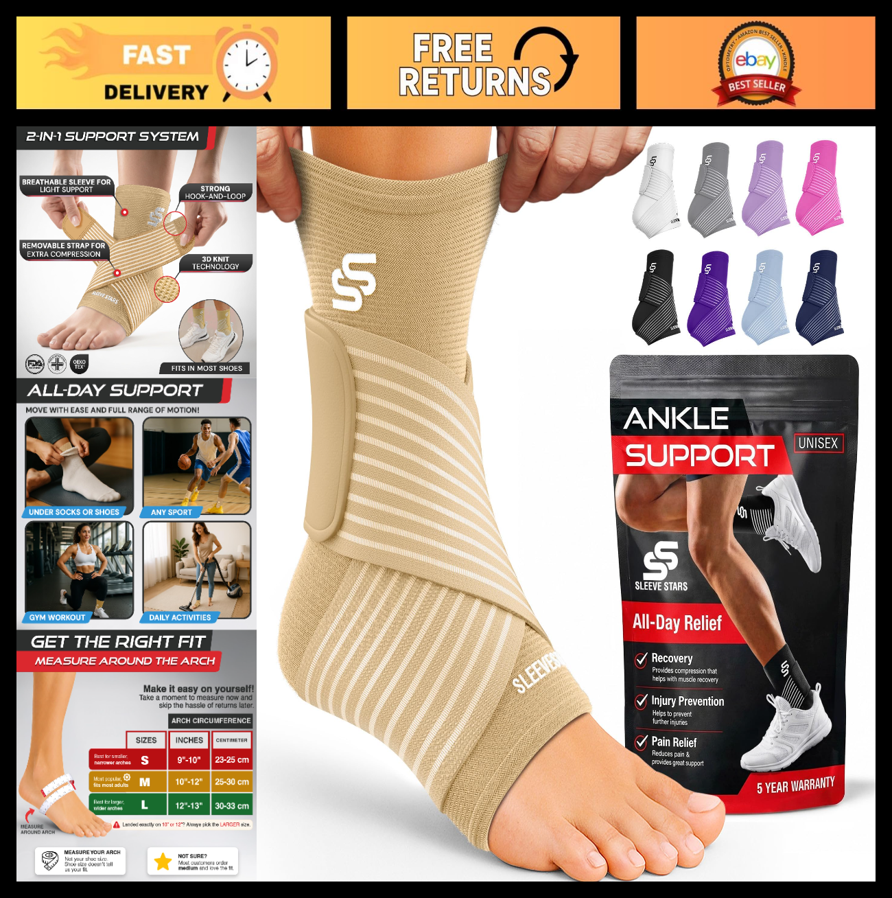 Ankle Brace Compression Sleeve for Sprains & Plantar Fasciitis Relief, Adjustabl0