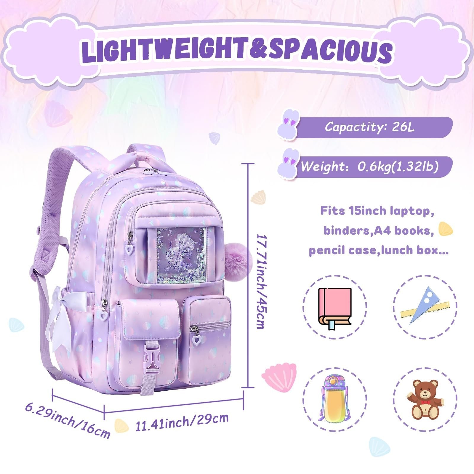 Girls' Purple Shell Backpack - Kids School Book Bag for Elementary & Primary Use4