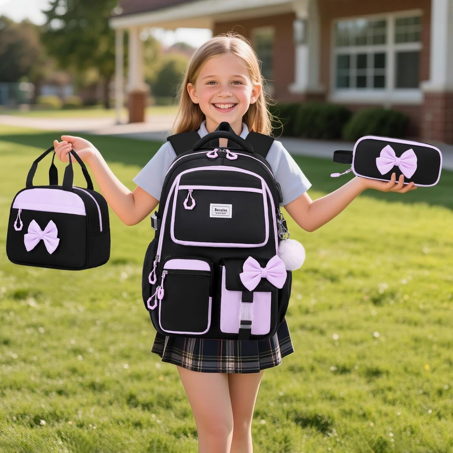Cute Bow Backpack for Girls   School Bag Set with Lunch Bag & Pen Case7
