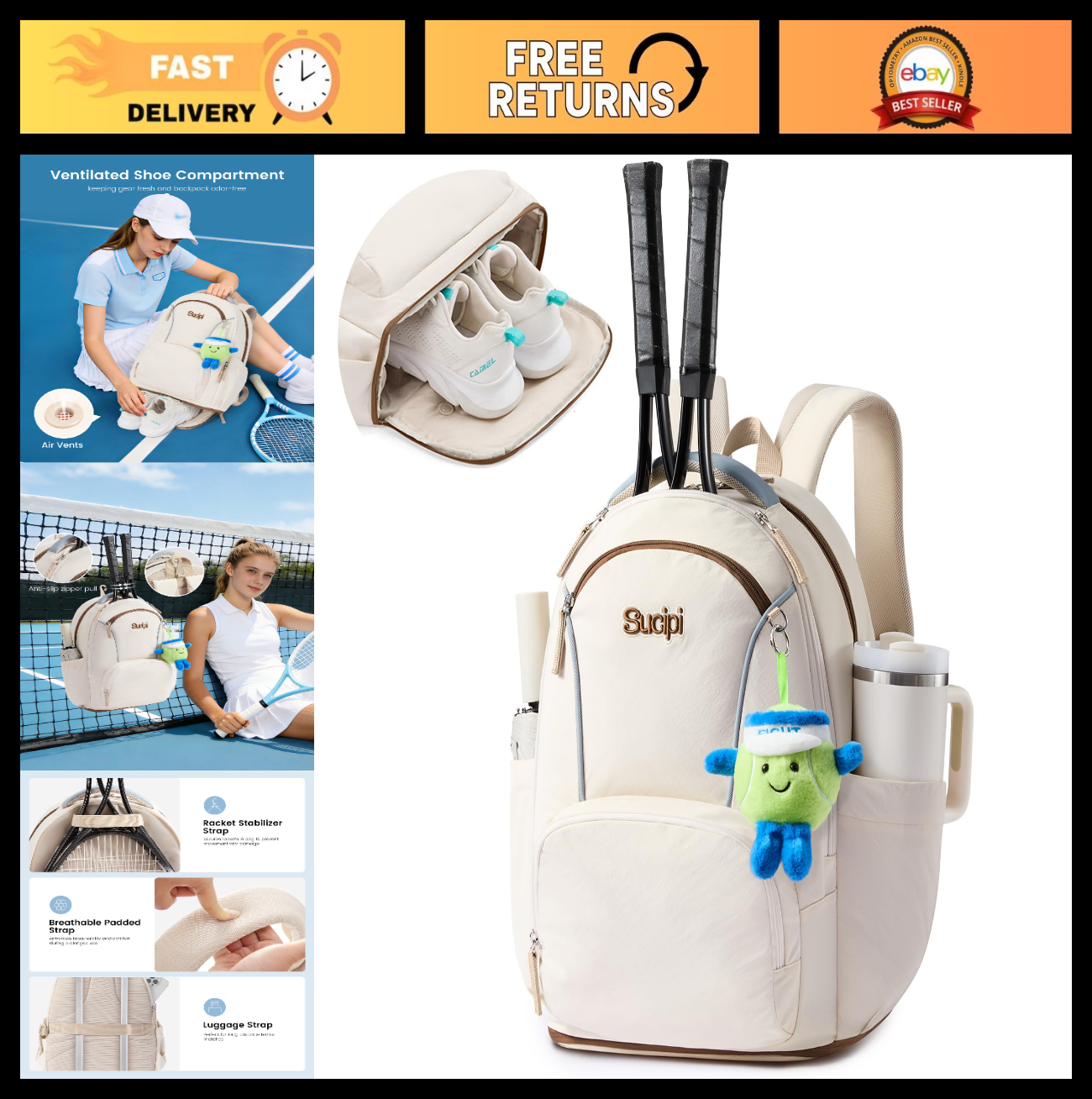 Tennis Backpack for Women - Holds 2 Rackets, Ventilated Shoe Compartment, Cup Ho0