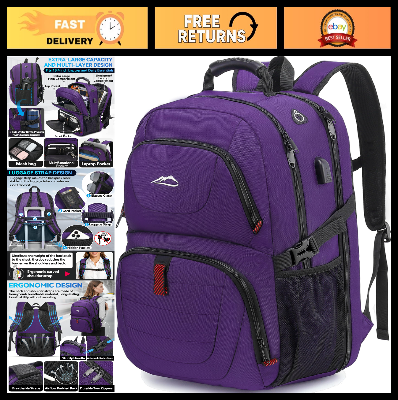Extra Large Anti Theft Travel Backpack for 18.4" Laptop, USB Charging, College &0