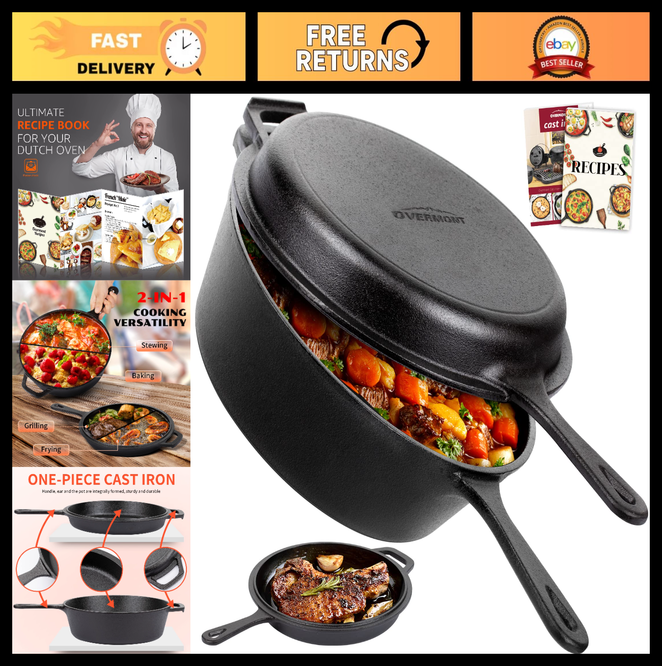 Pre-Seasoned Cast Iron Skillet & Dutch Oven Combo - 3.2QT Multi-Cooker Pot0