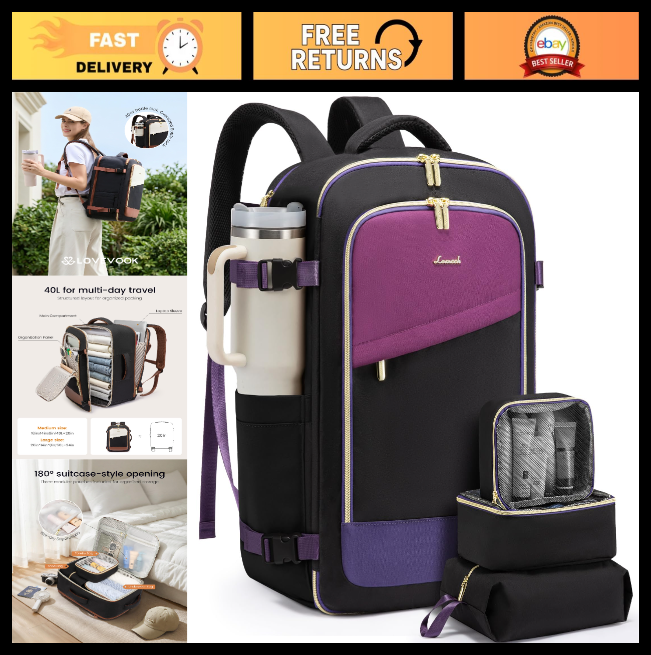40L Travel Backpack for Women - TSA Approved Carry-On, Fits 17" Laptop, Waterpro0