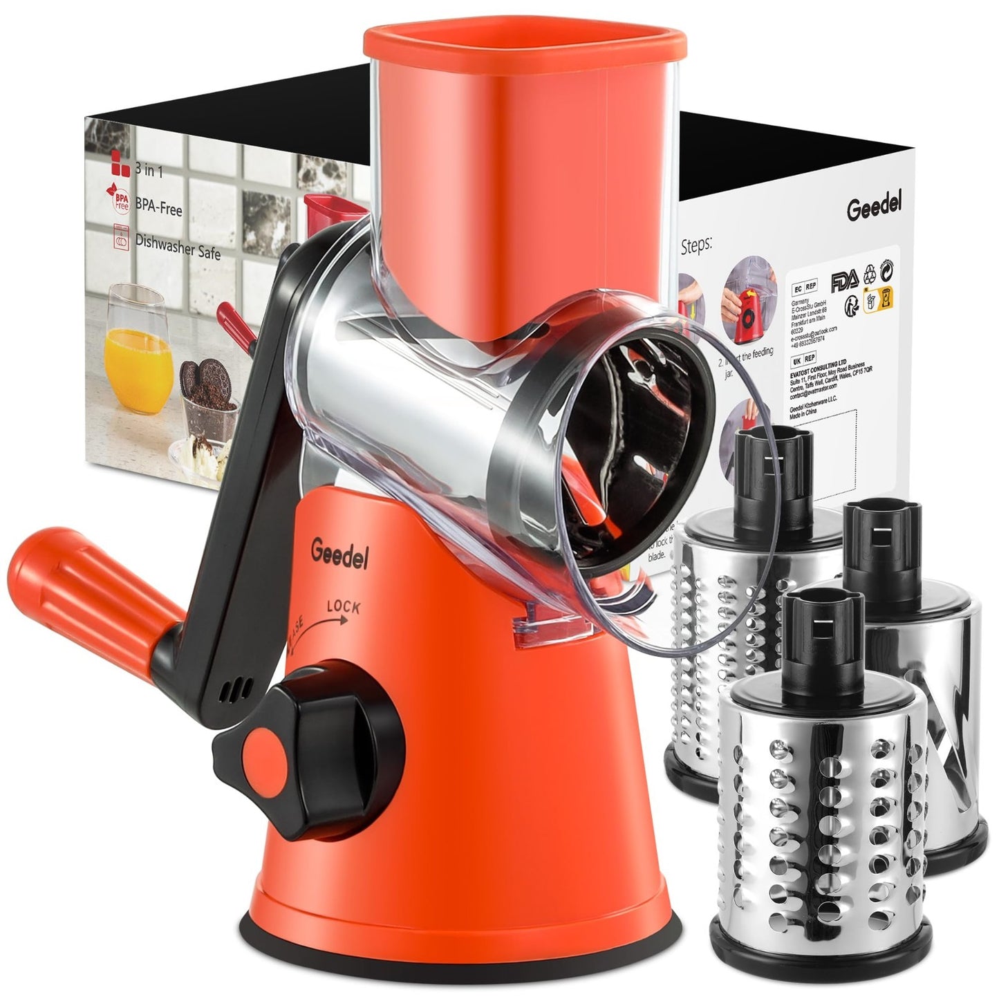 Rotary Cheese Grater & Vegetable Slicer   3 Blades, Easy Clean, Suction Base, BP1