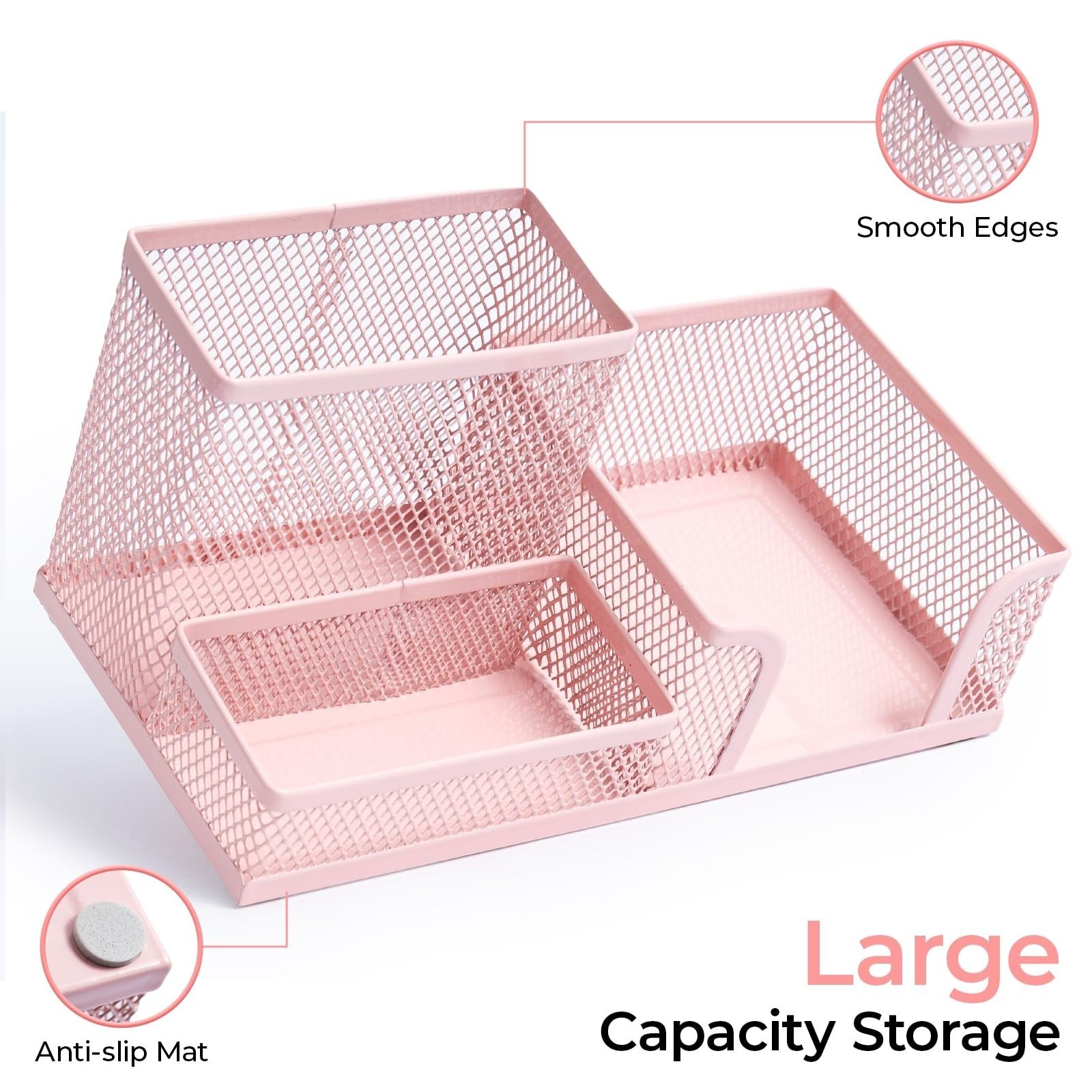 Pink Mesh Pen Holder   3 Compartment Desk Organizer with Sticky Notes Holder, Me3