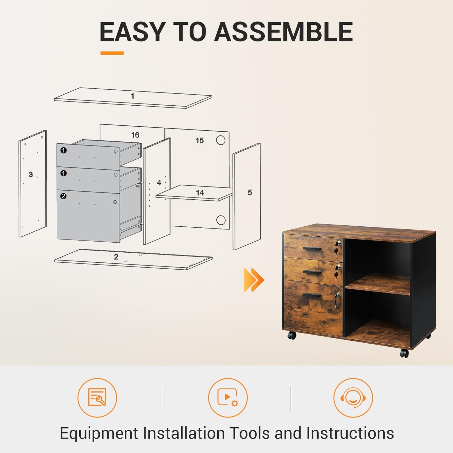 3 Drawer Locking File Cabinet, Rustic Wood Office Storage, Rolling Printer Stand7
