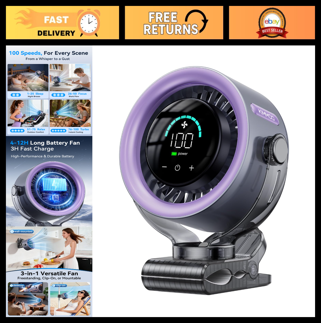 4000mAh Portable Clip On Fan, 100 Speed Touch Control, 360° Rotate, USB Battery0