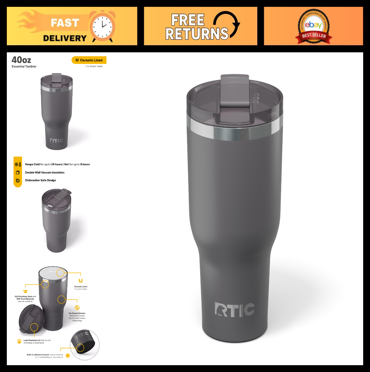 40oz Insulated Tumbler with Lid   Ceramic Lined, Double Wall, Travel Cup for Hot0