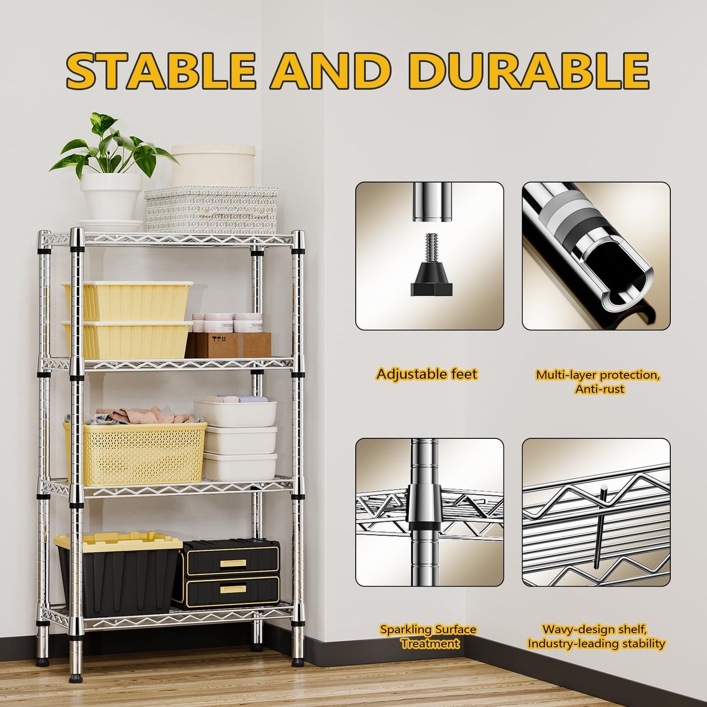 1000 lbs 4 Tier Metal Wire Storage Shelves   Garage, Kitchen, Bathroom Organizer5