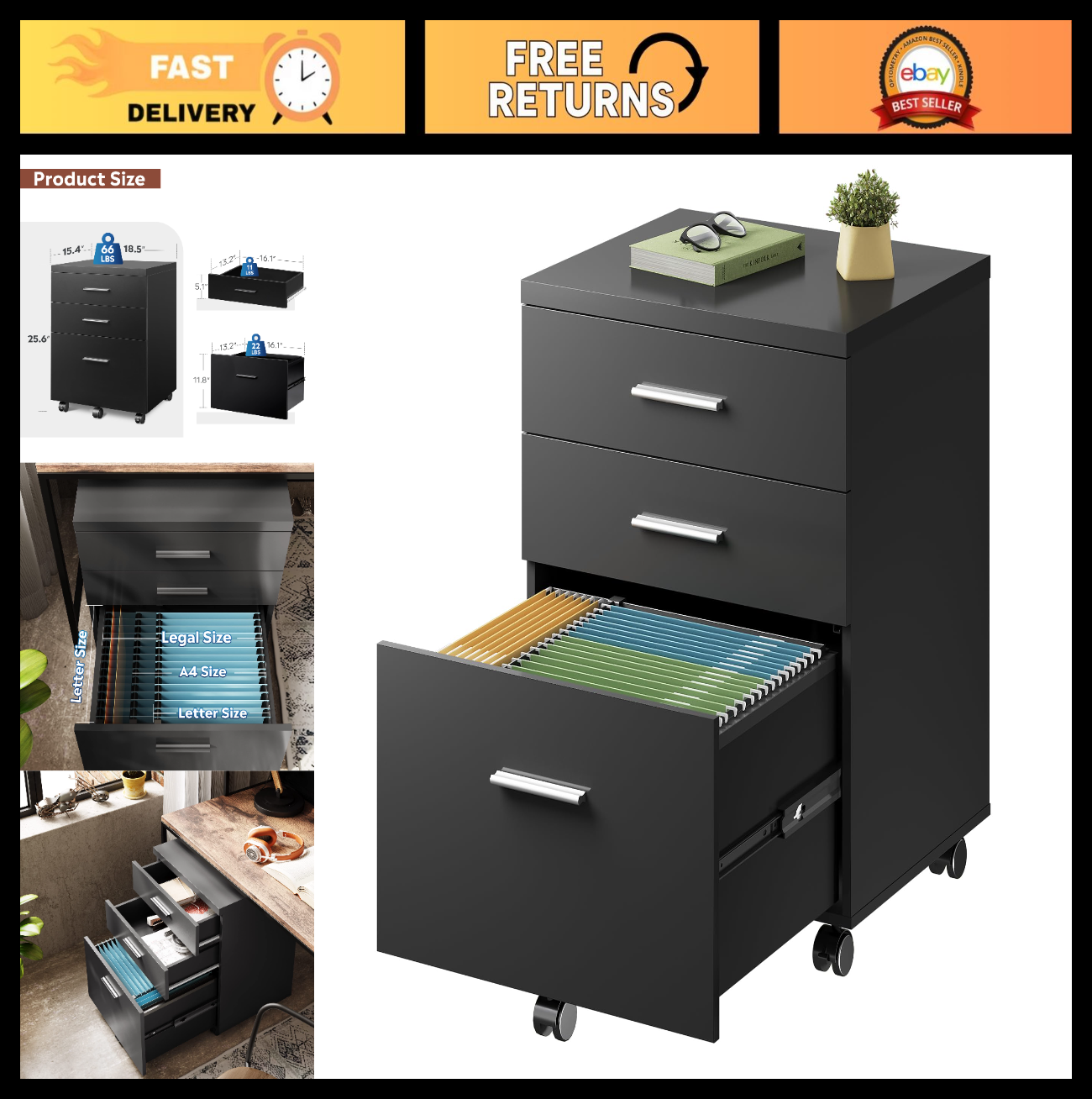 3 Drawer File Cabinet for Home Office   Wood Under Desk Storage, Rolling Printer0